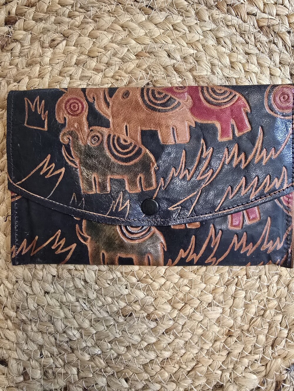 Vintage Artisan Tooled Leather Clutch Wallet in Black and Brown